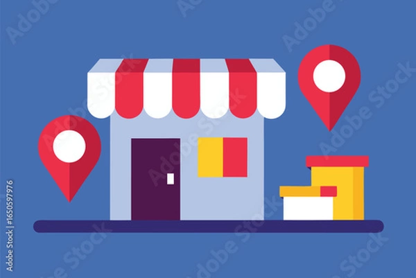 Fototapeta Cartoon store with location pins and boxes building, store, building, cartoon, illustration, location, pin, map, marker, box, package, delivery, retail, commerce, business, red, white, yellow, purple,