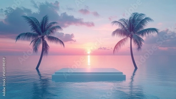 Fototapeta 3d background product display podium scene with leaf geometric platform,cloud and sky, palm shadows and white stone podium,Mockup for eco beauty cosmetic advertising,Copy space.