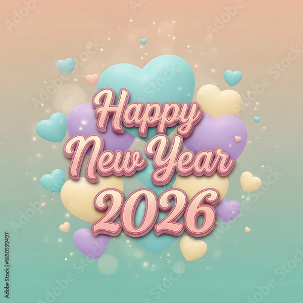 Fototapeta Happy New Year 2026 Greeting with Pastel Hearts and Soft Colors.