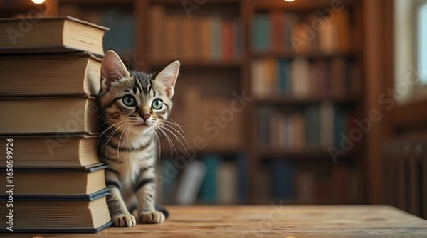 Obraz Cute Cat Peeking from Book Stack with Copy Space