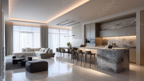 Fototapeta Modern apartment interior with open concept living and kitchen, marble island with textured base, warm ambient lighting, sleek furniture, minimal luxury style