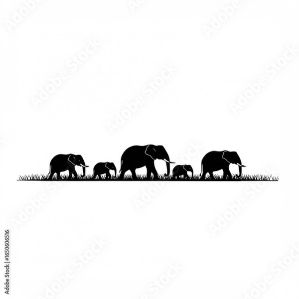Fototapeta Silhouette of an elephant family walking in a line through the savanna grass.