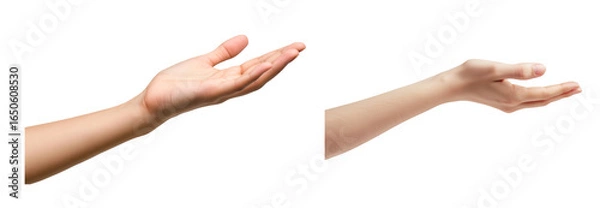 Fototapeta Hand Gestures of Offering: Two different hands, arms outstretched, palms facing upward, express invitation and offering, ideal for design and communication. 