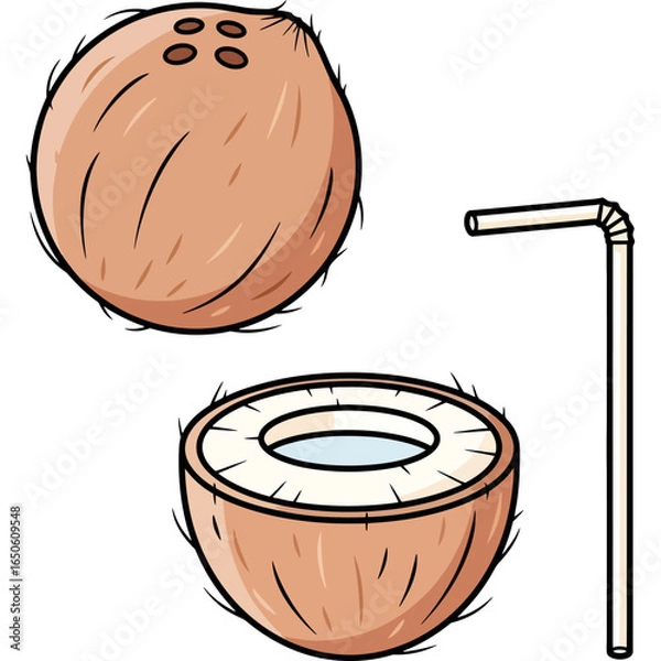 Obraz Cartoon illustration of a fresh tropical coconut, whole and cut in half with a drinking straw for a refreshing summer beverage.