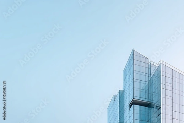 Fototapeta A minimalist glowing glass building silhouette with faint reflections against a bright, clear sky, showcasing modern urban architecture.