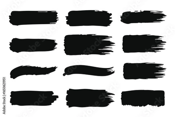 Fototapeta Set of vector black paint, ink brush stroke, brush, line, or texture. Dirty artistic design element, box, frame on white background