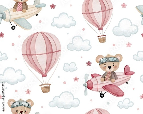 Fototapeta Charming seamless pattern featuring cute teddy bears piloting airplanes and hot air balloons amidst fluffy clouds and stars