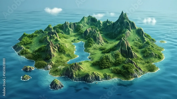 Fototapeta Tropical fantasy island with mountains, forest, and a central river lake, surrounded by blue ocean. Ideal for game maps, adventure designs, and world-building projects