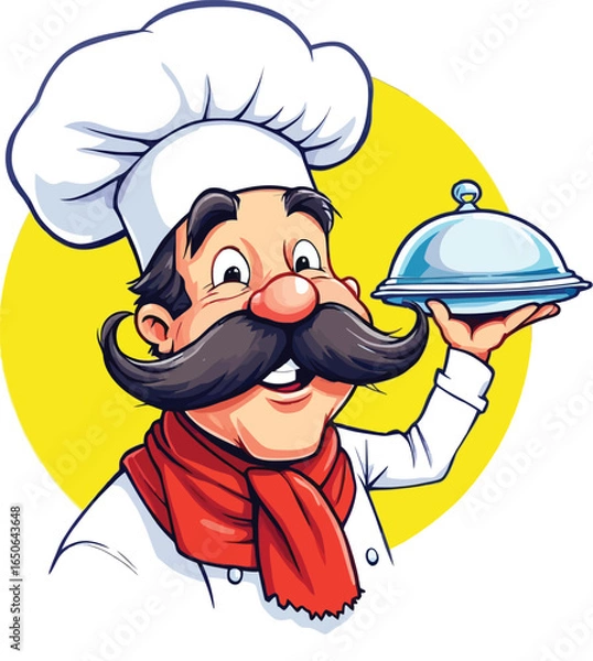 Fototapeta Cartoon chef character vector with mustache and serving dish for restaurant branding, food logo, and culinary design