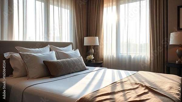Fototapeta An elegant hotel bed with neatly arranged pillows, softly lit by morning sunlight through sheer curtains.