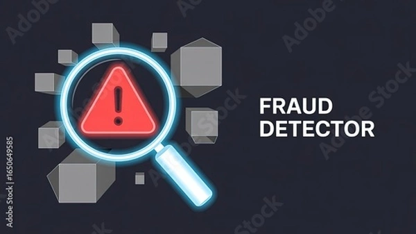 Fototapeta Fraud Detector Alert: A magnified view of a red warning sign through a magnifying glass, suggesting detection of fraud with the term fraud detector boldly displayed.