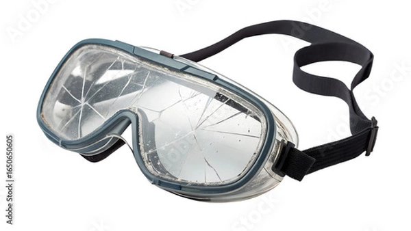 Fototapeta Broken safety goggles with cracked lens and strap, isolated on transparent background