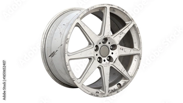 Fototapeta A damaged and worn alloy car wheel rim with scratches, isolated on transparent background