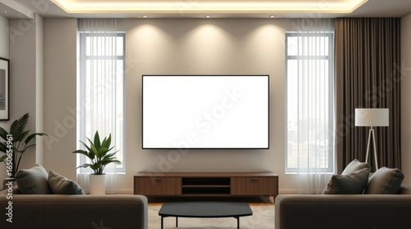 Fototapeta Modern Living Room: A contemporary living room with a large, blank television screen serving as the centerpiece, flanked by natural light from windows and offering an inviting space for relaxation.