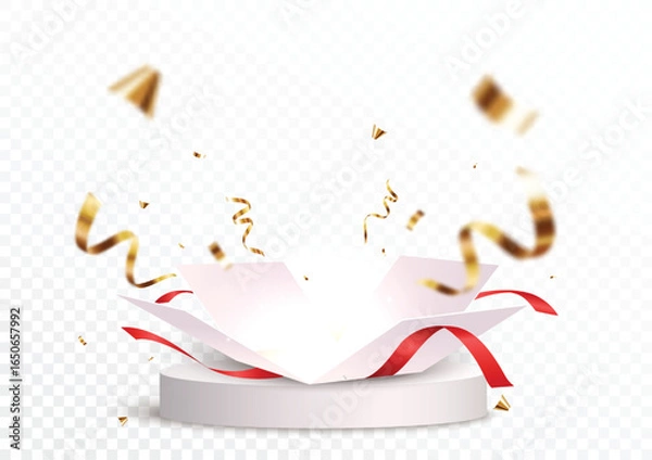 Fototapeta Open box with podium and confetti