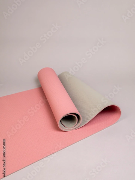 Obraz Double-sided pink and gray sports yoga mat in a half-open roll lies on a gray background