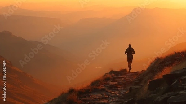 Fototapeta Runner on Mountain Trail at Sunset in Silhouette Against Horizon
