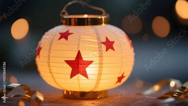 Fototapeta Illuminated Paper Lantern with Red Stars on a Festive Background