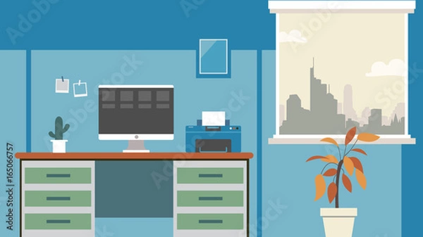 Obraz Office desk background Vector. Workplace business style. Table and computer. Flat style illustration