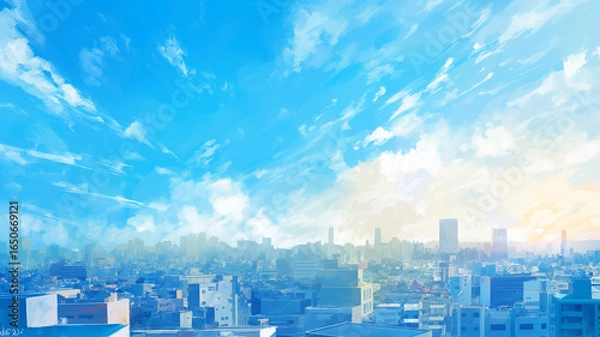 Obraz 水彩画風のタッチで描かれた壮大な大都市のパノラマビュー、青空と太陽の光が優しく広がり街並みを照らす風景。透明感と柔らかい筆致で都会の魅力を幻想的に表現した背景イラスト。