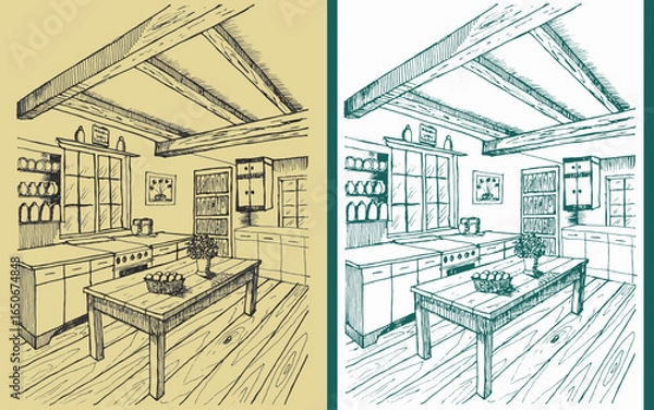 Obraz Hand-Drawn Rustic Kitchen Interior Illustration