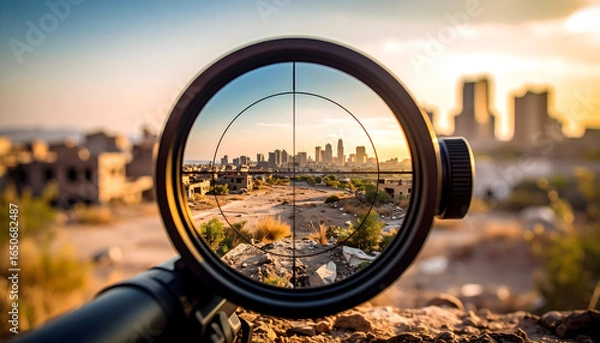 Fototapeta View Through A Sniper Scope Focusing On City Buildings At Sunset With War Torn Landscape
