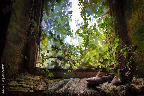 Fototapeta overgrown window with an old pair of shoes