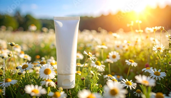Obraz White Sunscreen Tube Standing Among Daisies In Sunny Meadow During Summer Days