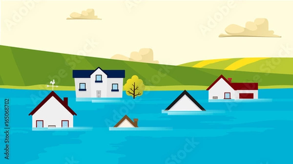 Obraz Houses flooding under water Vector. Nature disaster. Global warming