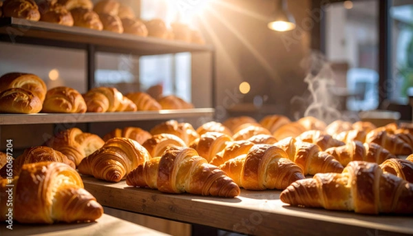 Fototapeta Golden Brown Croissants on Wooden Shelves with Warm Sunlight in Bakery Shop