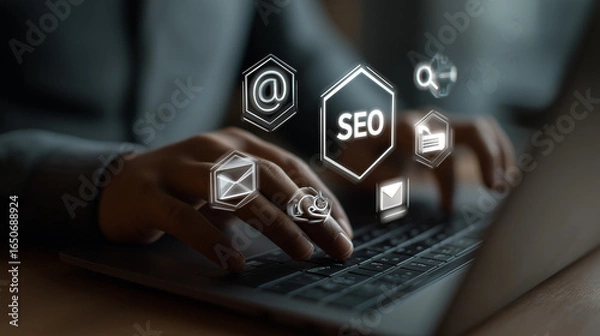 Fototapeta Digital marketing professional with AR holographic icons for SEO