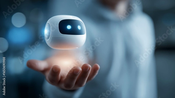 Fototapeta Entrepreneur interacting with floating AI chatbot interface