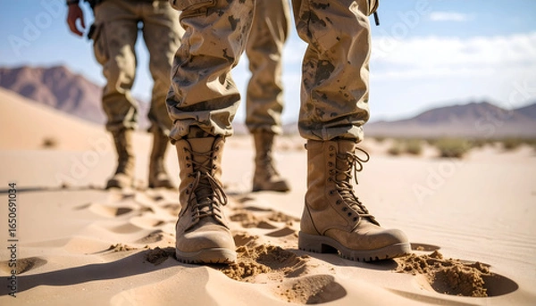Obraz Military Personnel Walking Across Sandy Desert Terrain Wearing Camouflage Uniforms