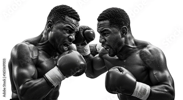 Fototapeta Intense Boxing Match with Two African American Boxers in Action, Black and White on transparent background