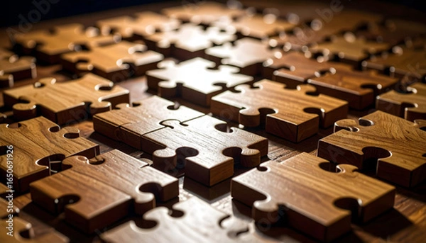 Obraz Wooden Puzzle Pieces Assembled On A Brown Surface Creating Pattern and Texture