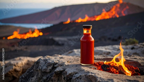 Obraz Glass Bottle Of Red Liquid Placed On Rock With Fire Elements And Landscape Background During Sunset