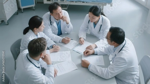 Fototapeta Group of doctors in white coats discussing medical records around a table in a hospital setting.