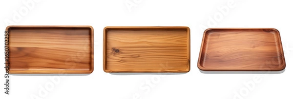 Fototapeta Wooden Tray Collection: Three meticulously crafted wooden trays, each with its unique grain pattern, stand in a row, showcasing the beauty and simplicity of natural wood.