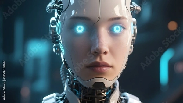 Fototapeta Advanced humanoid robot with glowing blue eyes and intricate mechanical design