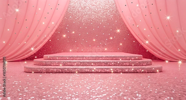 Obraz A three tiered pink glittery platform with pink curtains and sparkling background for product display