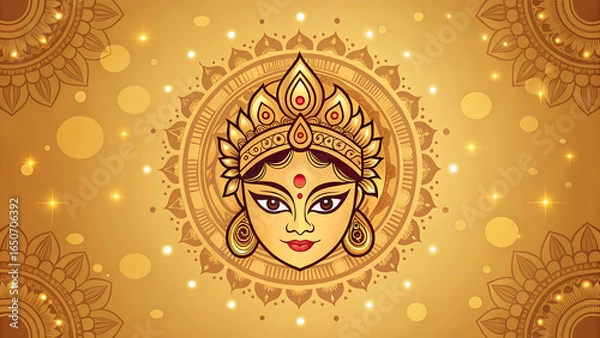 Obraz Illustration of durga maa face with golden crown and ornaments on a golden bokeh background