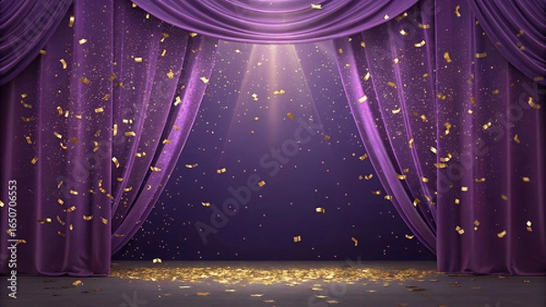 Obraz A purple curtain opening with golden confetti falling on the stage in a spotlight beam shining down
