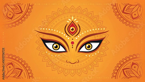 Obraz Illustration of durga maa face with third eye on orange background and decorative floral corners