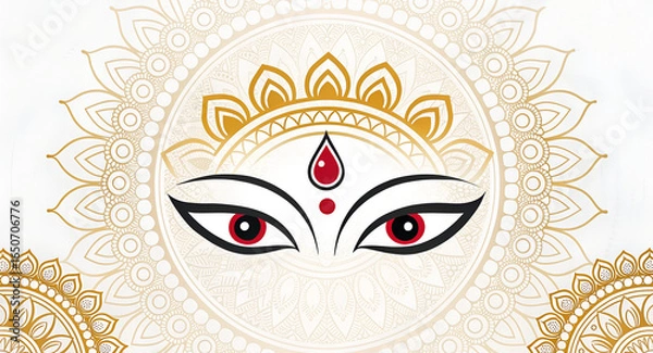 Obraz Illustration of durga mata eyes with red bindi and golden floral design on a white background