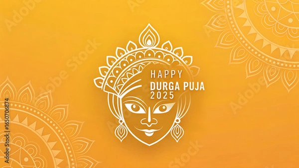 Obraz Happy durga puja illustration with goddess face and decorative mandala on orange background design vector