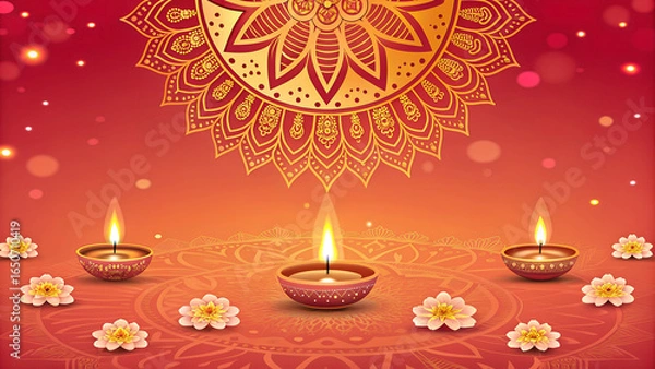 Obraz Festive diwali background with mandala pattern candles and flowers for celebration and decoration design