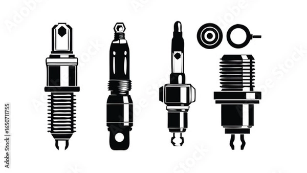Obraz A close-up of various electrical plugs, bulbs, and a spark plug, all isolated against a white background, highlighting different parts of electrical and lighting equipment