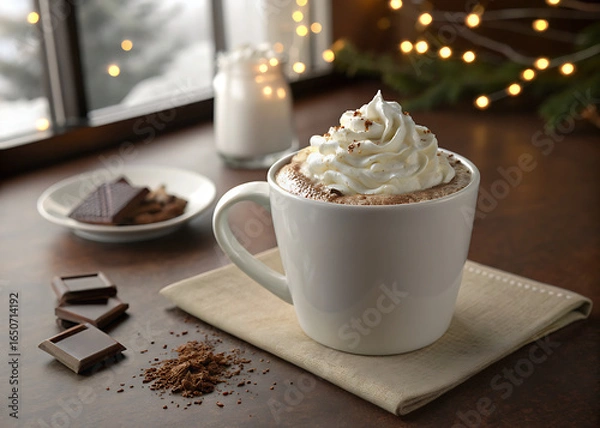 Fototapeta A hot cappuccino with chocolate, cookies, and a cinnamon stick is a delightful breakfast beverage