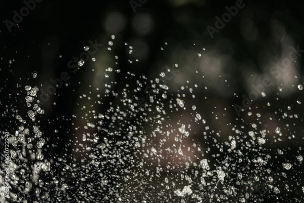 Fototapeta suspended water droplets in motion against a dark background, creating a sparkling abstract pattern with light reflections.