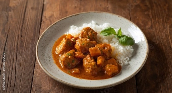 Obraz Chicken and Sweet Potato Curry Served on Rice with Fresh Basil Garnish.